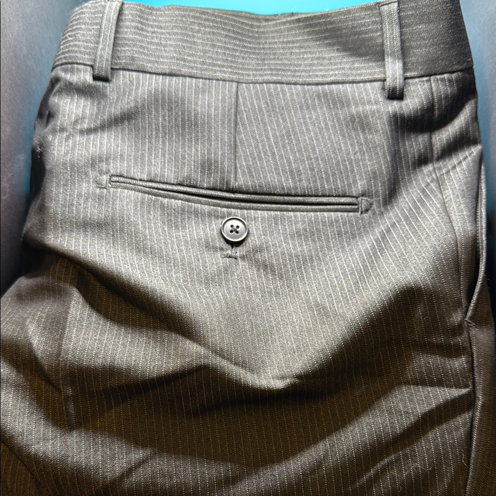 Sophisticated Gray Flat Front Pants with Pinstripe Pattern